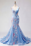 Ruched Floral Mermaid Corset Blue Long Prom Dress