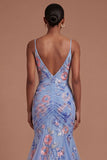 Blue Floral Spaghetti Straps Ruched Long Prom Dress