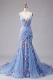 Blue Floral Spaghetti Straps Ruched Long Prom Dress
