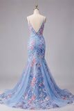Blue Floral Spaghetti Straps Ruched Long Prom Dress