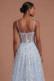 Backless Blue Floral A Line Corset Long Prom Dress