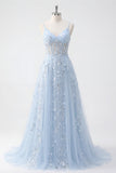 Backless Blue Floral A Line Corset Long Prom Dress