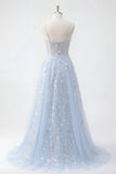Backless Blue Floral A Line Corset Long Prom Dress
