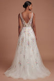 White Floral A Line V Neck Long Engagement Dress