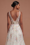 White Floral A Line V Neck Long Engagement Dress