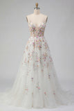 White Floral A Line V Neck Long Engagement Dress