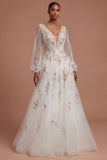 Appliqued White Floral A Line V Neck Long Wedding Dress