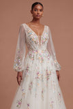 Appliqued White Floral A Line V Neck Long Wedding Dress