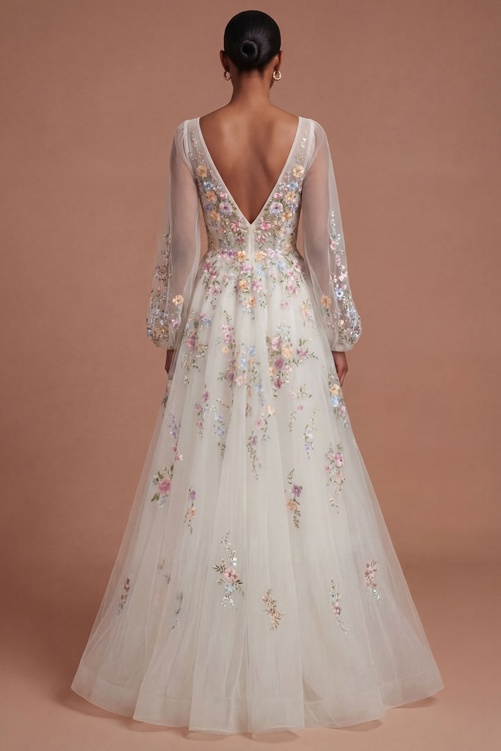 Leely Women Appliqued White Floral A Line Long Wedding Dress V Neck