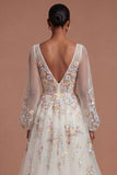 Appliqued White Floral A Line V Neck Long Wedding Dress