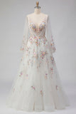 Appliqued White Floral A Line V Neck Long Wedding Dress