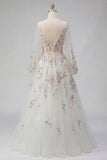 Appliqued White Floral A Line V Neck Long Wedding Dress
