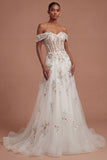 Appliqued White Floral A Line Corset Long Wedding Dress