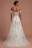 Appliqued White Floral A Line Corset Long Wedding Dress