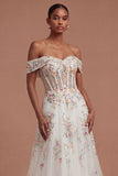 Appliqued White Floral A Line Corset Long Wedding Dress