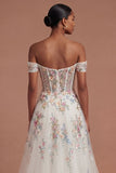 Appliqued White Floral A Line Corset Long Wedding Dress