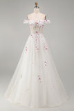 Appliqued White Floral A Line Corset Long Wedding Dress