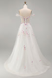Appliqued White Floral A Line Corset Long Wedding Dress