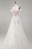 Appliqued White Floral A Line Corset Long Wedding Dress