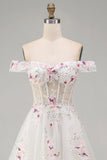Appliqued White Floral A Line Corset Long Wedding Dress