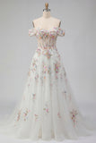 Appliqued White Floral A Line Corset Long Wedding Dress