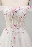 Appliqued White Floral A Line Corset Long Wedding Dress