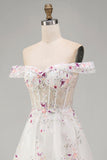 Appliqued White Floral A Line Corset Long Wedding Dress