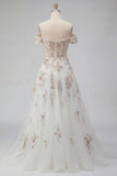 Appliqued White Floral A Line Corset Long Wedding Dress