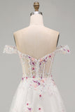Appliqued White Floral A Line Corset Long Wedding Dress