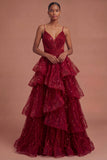 Burgundy Ruffled Spaghetti Straps Sparkly Long Prom Dress