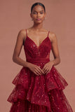 Burgundy Ruffled Spaghetti Straps Sparkly Long Prom Dress