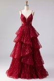 Burgundy Ruffled Spaghetti Straps Sparkly Long Prom Dress