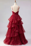 Burgundy Ruffled Spaghetti Straps Sparkly Long Prom Dress