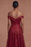 Burgundy Off the Shoulder Sparkly Long Prom Dress with Slit