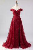 Burgundy Off the Shoulder Sparkly Long Prom Dress with Slit
