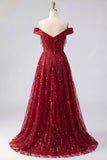 Burgundy Off the Shoulder Sparkly Long Prom Dress with Slit