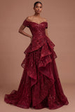 Burgundy Ruffled A Line Off the Shoulder Long Prom Dress