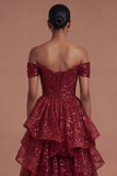 Burgundy Ruffled A Line Off the Shoulder Long Prom Dress