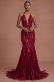 Halter Neck Burgundy Mermaid Sparkly Long Prom Dress