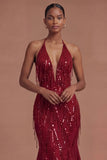 Halter Neck Burgundy Mermaid Sparkly Long Prom Dress