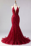 Halter Neck Burgundy Mermaid Sparkly Long Prom Dress