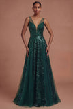 Dark Green V Neck A Line Sparkly Sequined Long Prom Dress