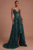 Corset Dark Green Spaghetti Straps High Low Prom Dress
