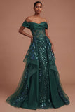 Corset Dark Green Ruffled Off the Shoulder Long Prom Dress