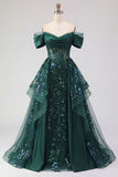 Corset Dark Green Ruffled Off the Shoulder Long Prom Dress
