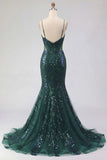 Sparkly Sequined Spaghetti Straps Mermaid Dark Green Long Prom Dress