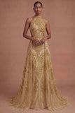 Sparkly Golden Halter Neck A Line Long Prom Dress