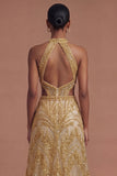 Sparkly Golden Halter Neck A Line Long Prom Dress