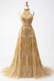 Sparkly Golden Halter Neck A Line Long Prom Dress