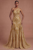 One Shoulder Sparkly Golden A Line Long Prom Dress